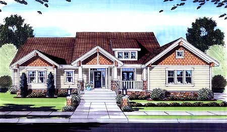 Craftsman house plan exterior: one-story, wide front porch with square columns, multiple gables, dormers, and stone foundation details.