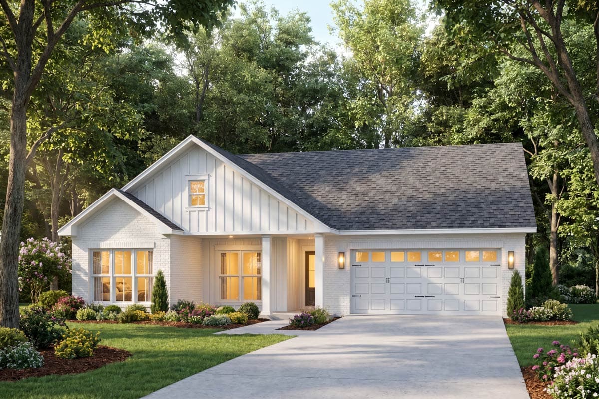 Modern Farmhouse style house plan exterior with white brick, gables, board and batten siding, and a two-car garage.