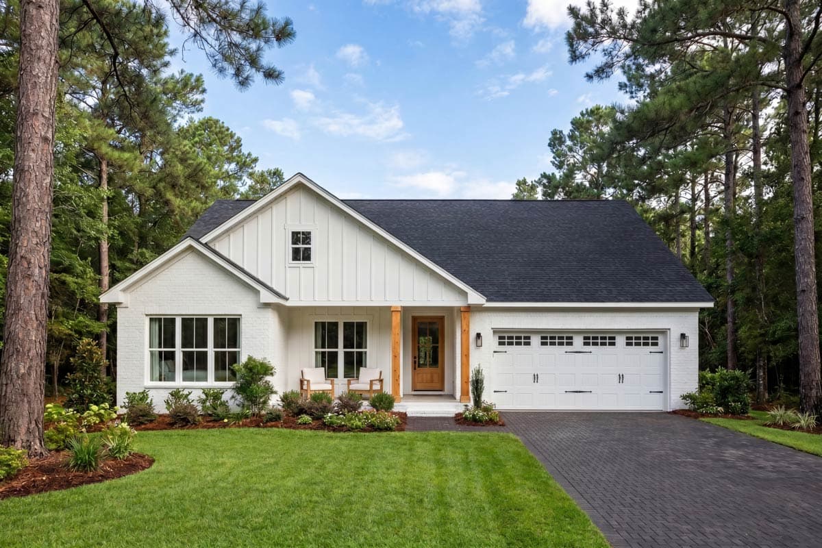 Modern Farmhouse house plan exterior with white brick, board and batten siding, gabled roof, and a two-car garage.