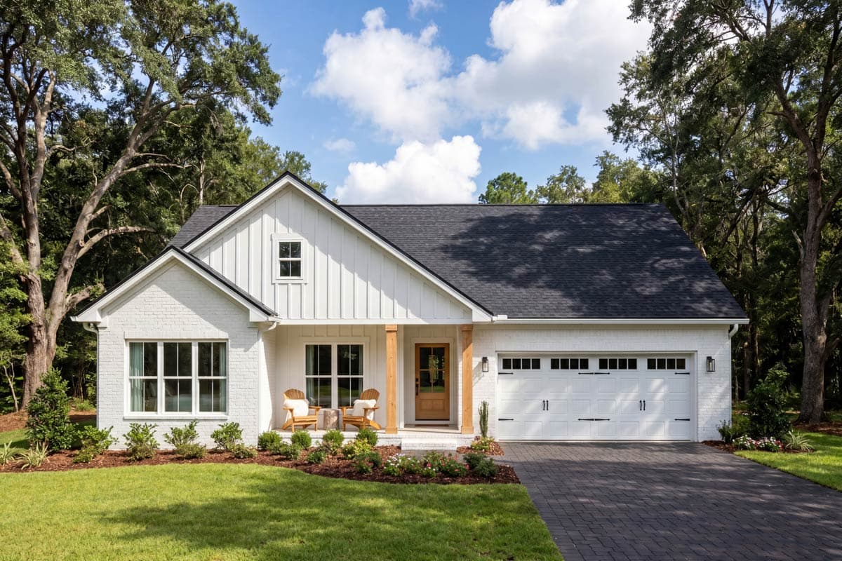 Modern Farmhouse one-story house plan exterior with white brick, board and batten siding, gable dormer, wood post porch, and two-car garage.