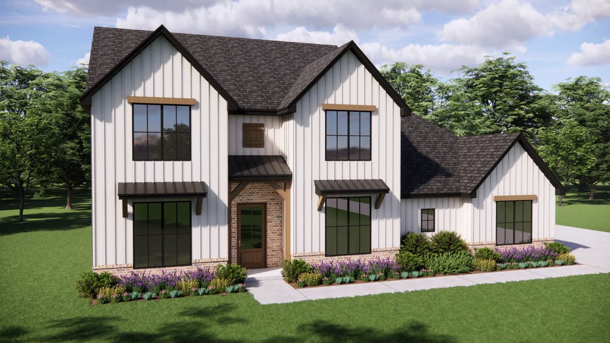 Plan 880018HLN: New American Farmhouse House Plan with 3 Bedrooms and Two Story Great Room - Image #2 - Farmhouse, Modern Farmhouse, New American