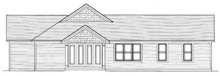 House plan exterior shows a single-story Ranch style home with a prominent front gable, centered double doors, and multiple windows.
