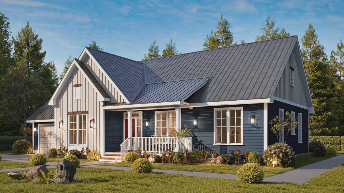 Modern Farmhouse style house plan exterior with a gabled roof, front porch, vertical siding on gable, and attached garage.