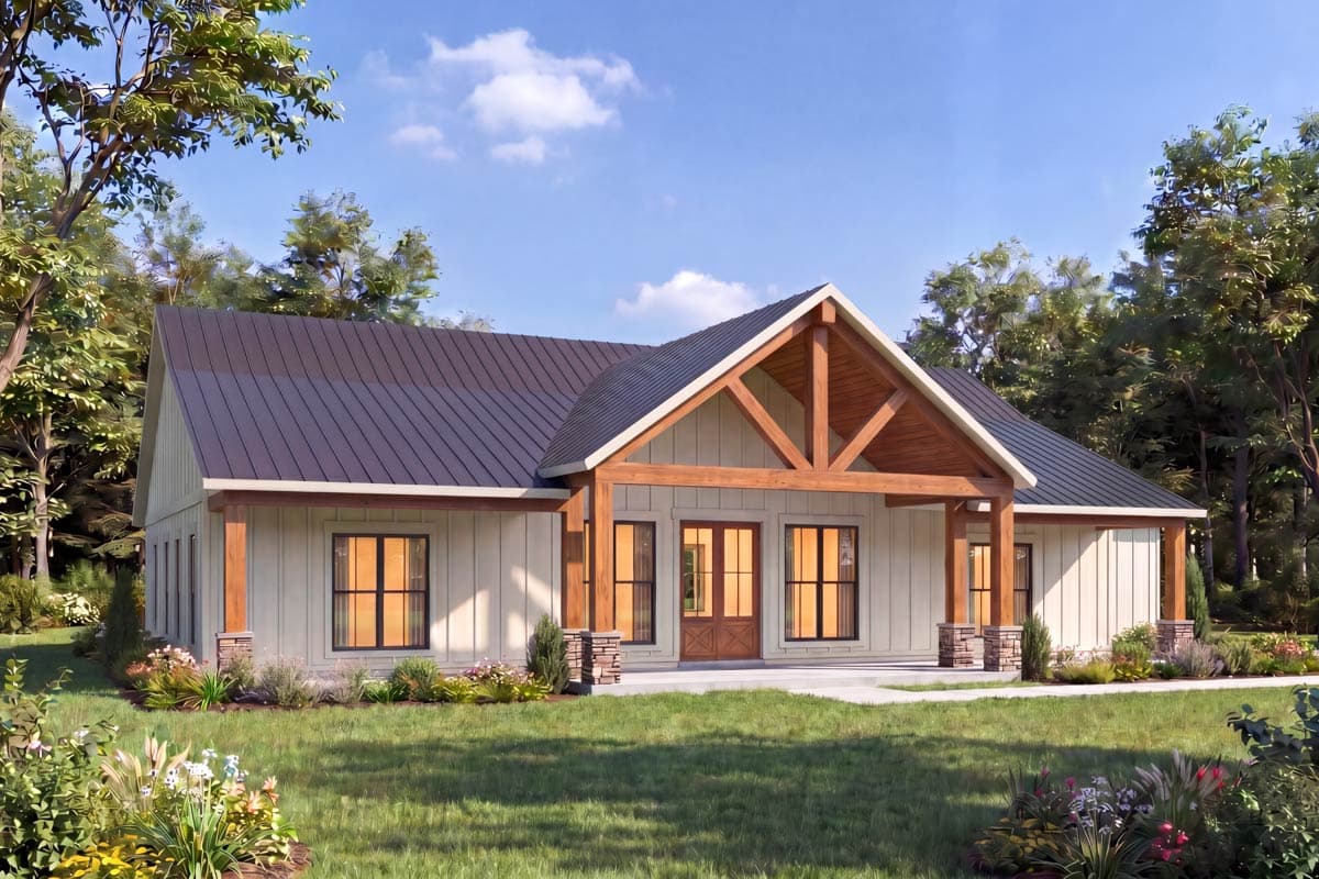 House plan exterior: Modern Farmhouse style, one story, featuring a prominent gable with exposed wooden trusses and a covered entry.
