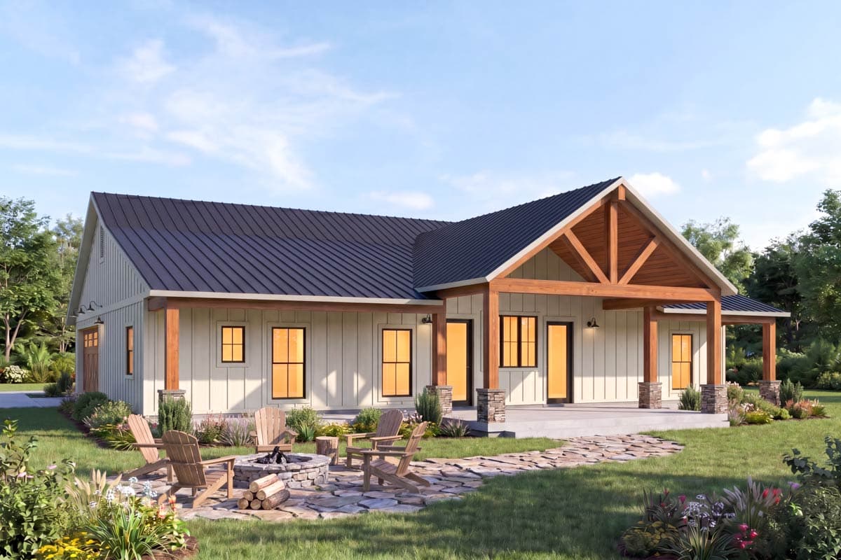 Modern Farmhouse house plan exterior with a covered porch featuring exposed wood beams, stone-clad columns, and a metal roof.