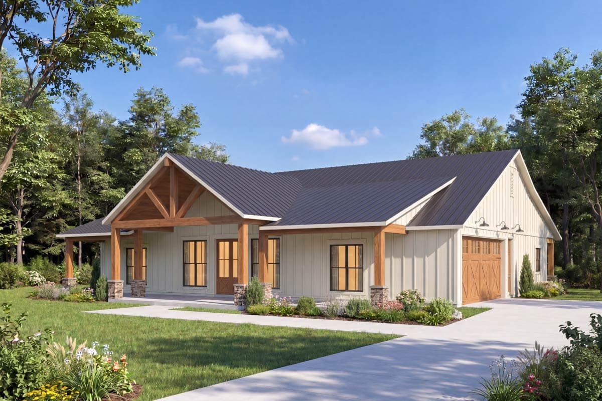 Modern Farmhouse house plan exterior with exposed wooden beams, metal roof, and a three-car garage.