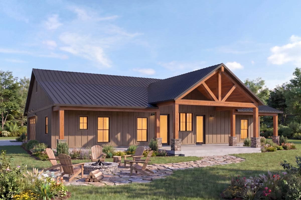 Modern Farmhouse style house plan exterior with gabled roof, wide covered porch, and vertical siding.