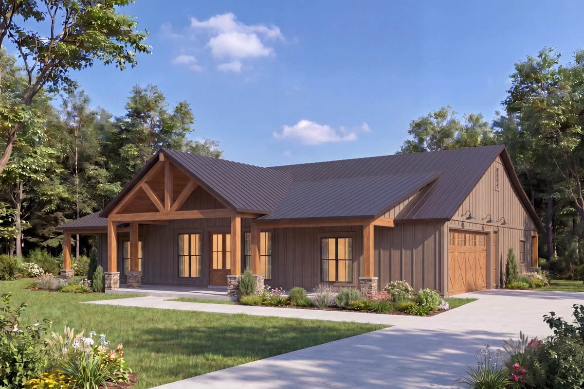 Modern Farmhouse house plan exterior with a large covered porch, exposed wood beams, and a two-car garage.