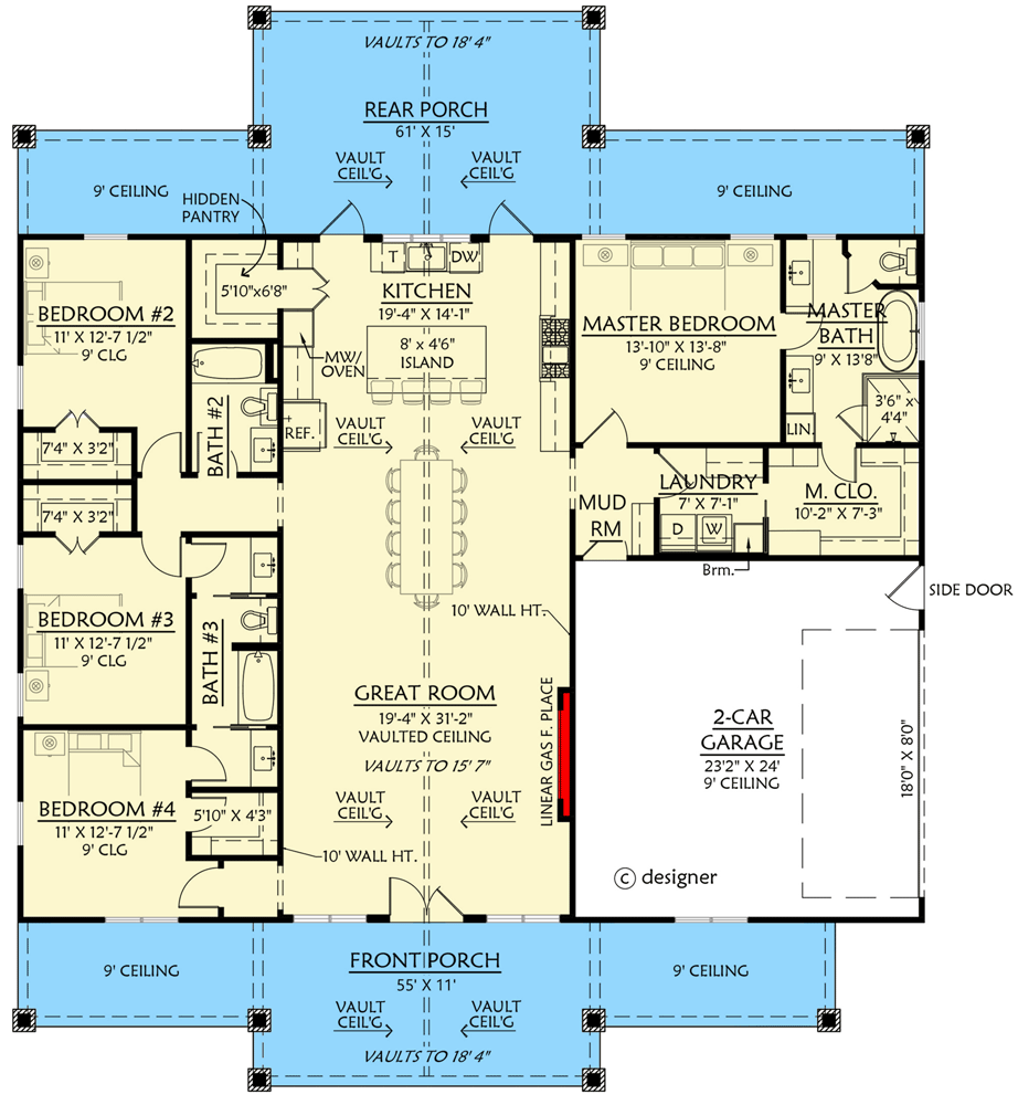 Plan 56575SM: 4-Bed Barndominium-Style Ranch with Vaulted Ceilings, Jack & Jill Bath & 2-Car Garage - Floor Plan - Image #13 - Barndominium, Country, Craftsman, Modern Farmhouse, Ranch, Rustic
