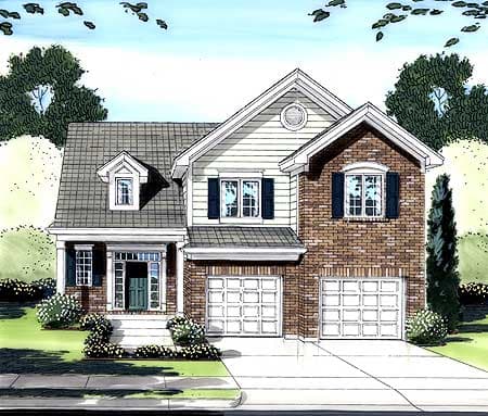 House plan exterior: Two-story home with brick and siding, gabled roof, dormer, and a two-car garage.