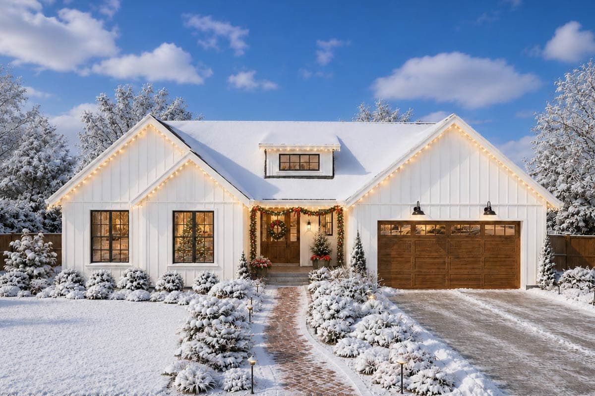 Modern Farmhouse style house plan exterior with white board and batten siding, dormer, and two-car garage.