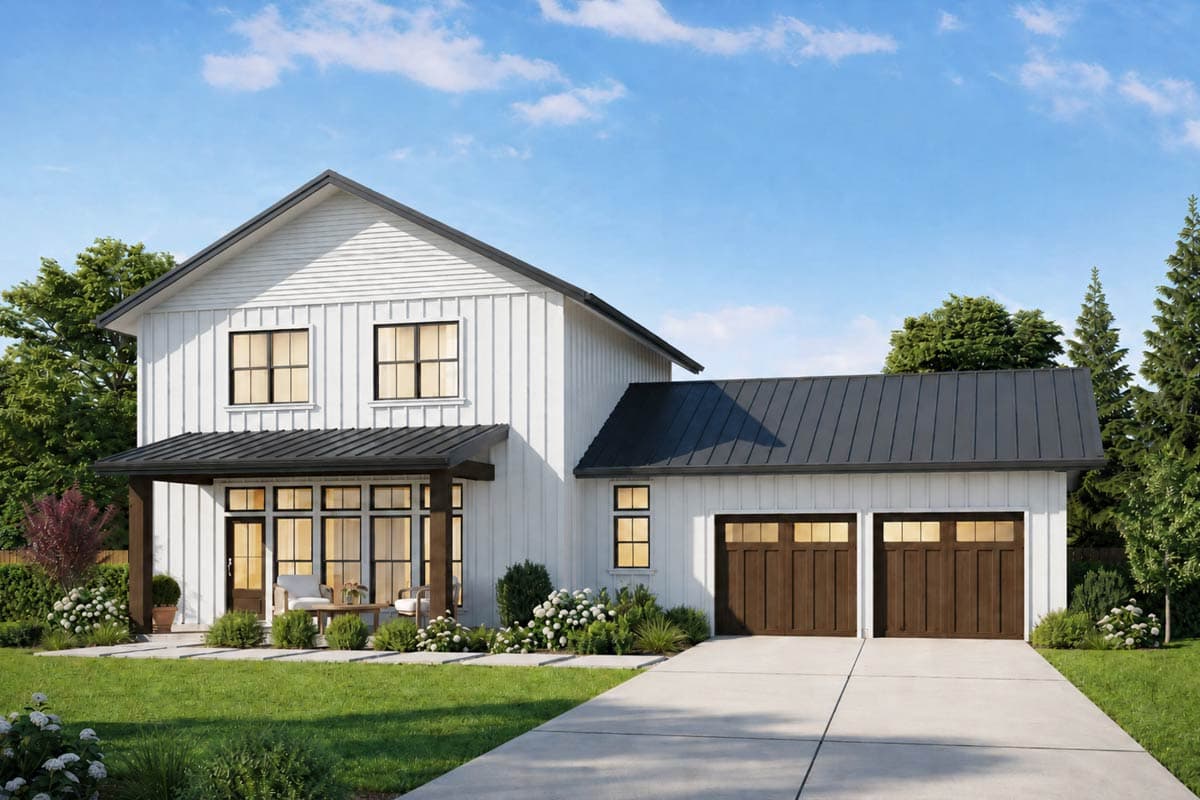 Plan 69922AM: Two-Story Farmhouse House Plan with 3 Bedrooms and Attached 2-Car Garage - Image #1 - Country, Farmhouse, Modern Farmhouse, New American