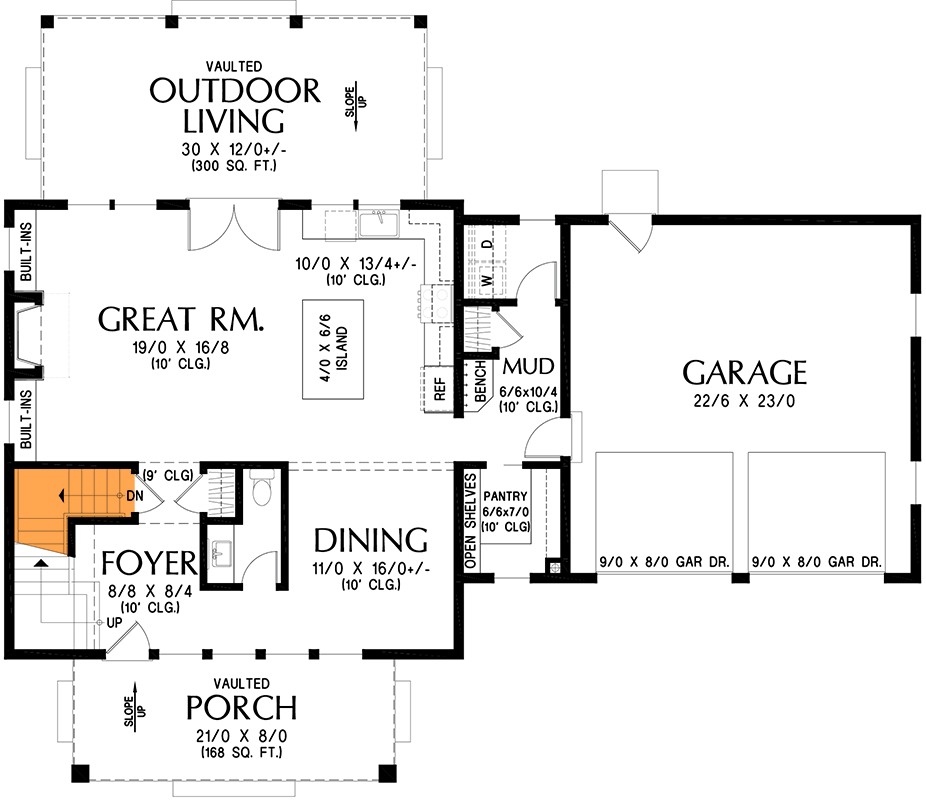 Plan 69922AM: Two-Story Farmhouse House Plan with 3 Bedrooms and Attached 2-Car Garage - Floor Plan - Basement Stairs Location - Country, Farmhouse, Modern Farmhouse, New American