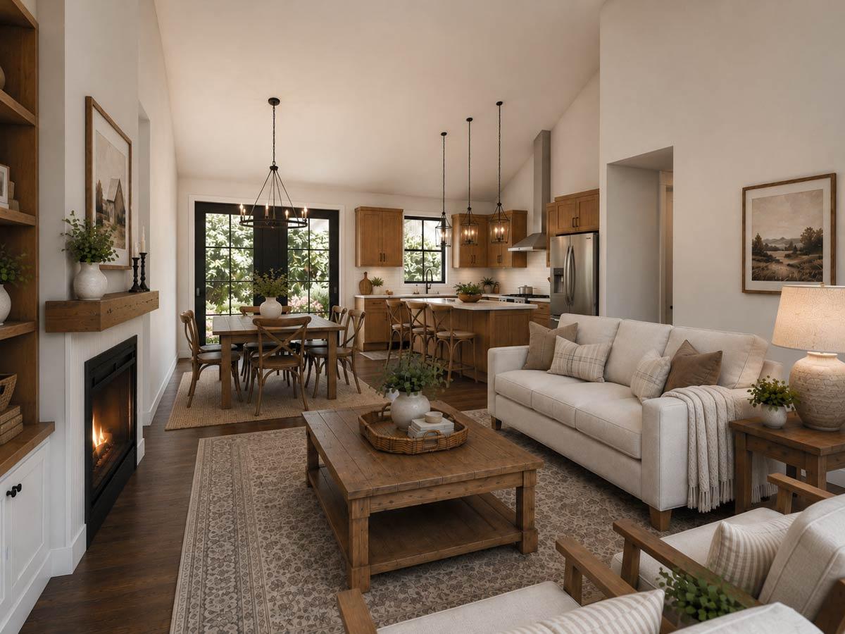 Open-concept living space with vaulted ceiling, fireplace, dining area, and kitchen with island.