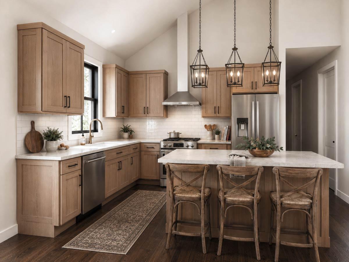 Kitchen with light wood cabinets, white subway tile backsplash, island with seating, and pendant lights.