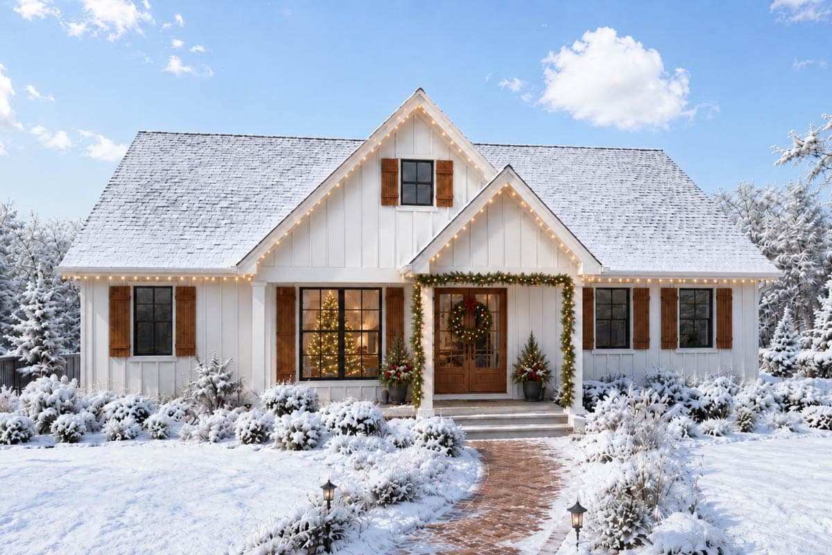 Modern Farmhouse house plan exterior with gables, board-and-batten siding, and covered entry.