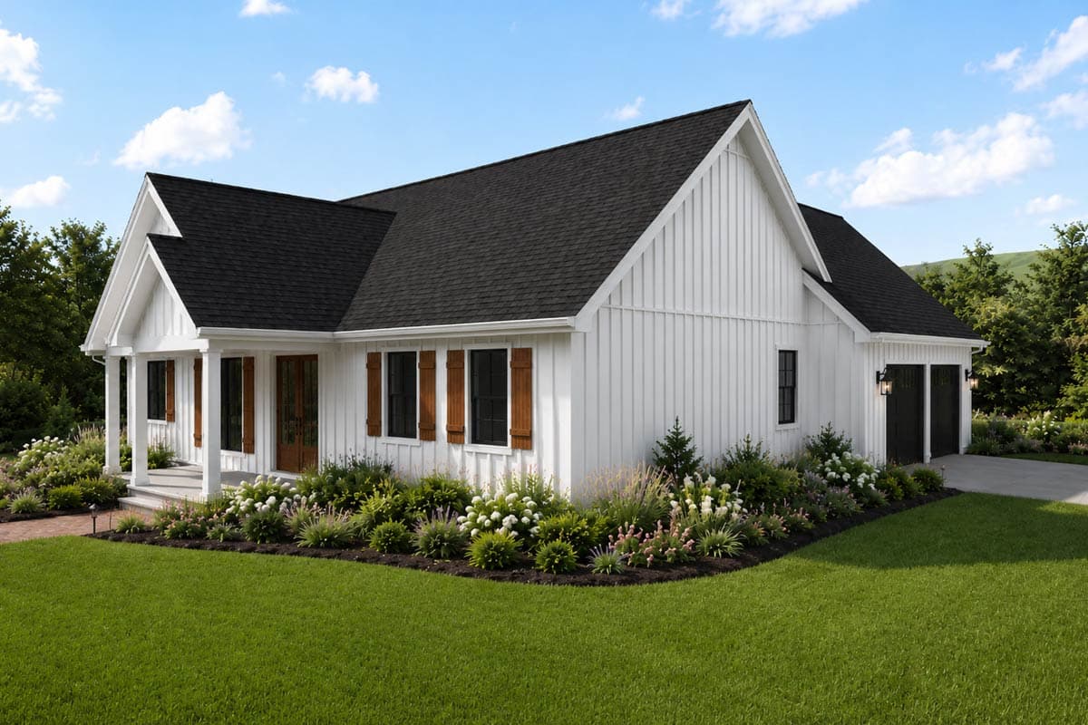 Modern Farmhouse house plan exterior with a gabled front porch, board-and-batten siding, and a two-car garage.