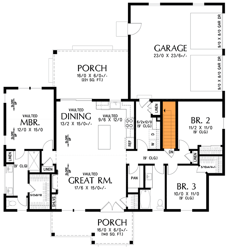Plan 69923AM: Modern Farmhouse House Plan with 3 Bedrooms and 1491 Square Feet - Floor Plan - Basement Stairs Location - Country, Farmhouse, Modern, Modern Farmhouse, Ranch