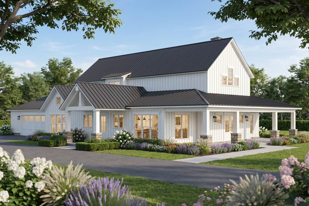 Modern Farmhouse two-story house plan exterior with gabled dormers, white board and batten siding, and a wraparound porch.