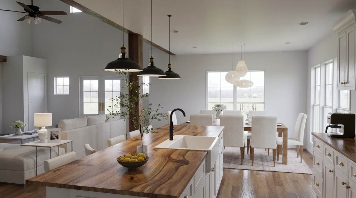 Open-concept interior with vaulted ceilings, exposed beams, a kitchen island with farmhouse sink, and dining area.