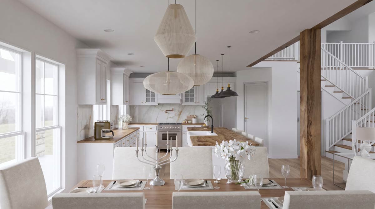 Interior rendering of an open-plan kitchen and dining area with a large island, white cabinetry, and a dual staircase.