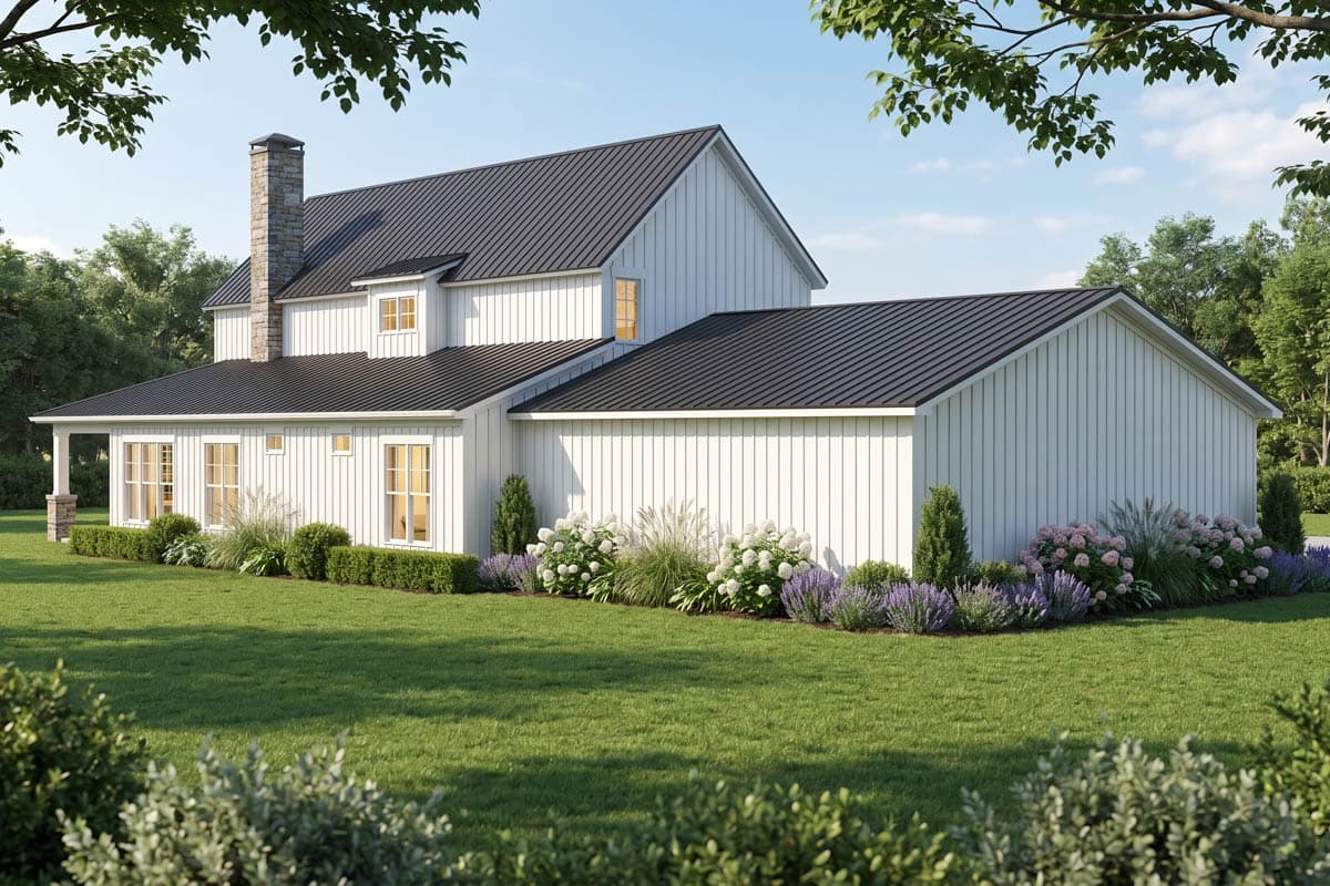 House plan exterior: Modern Farmhouse style with white board and batten siding, black metal roof, stone chimney, and dormer.
