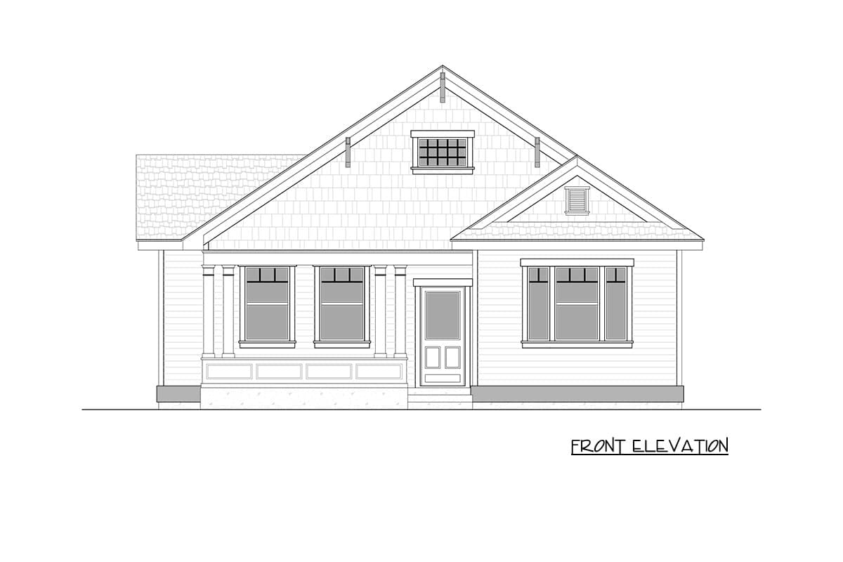 Front elevation drawing of a one-story house with a covered porch, multiple gables, and shingle siding.