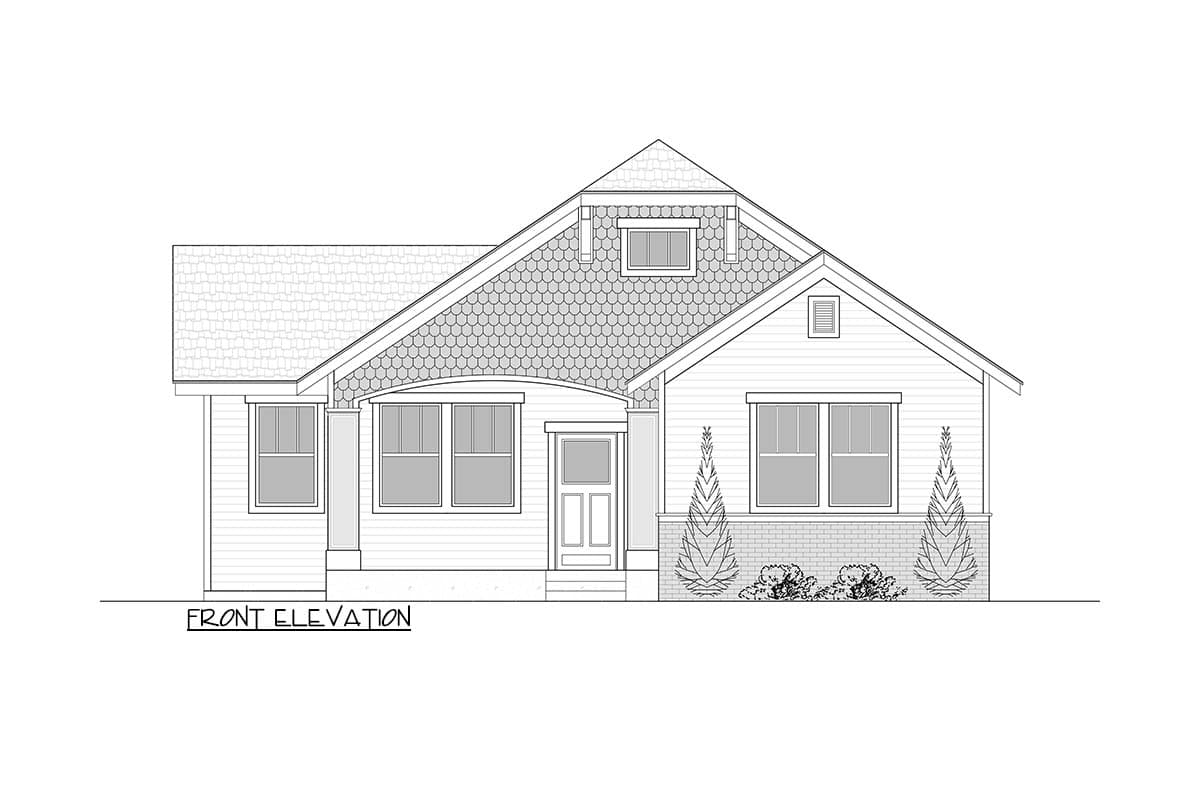 Front elevation drawing of a one-story house with a prominent gable, dormer, arched entrance detail, and shingle siding.