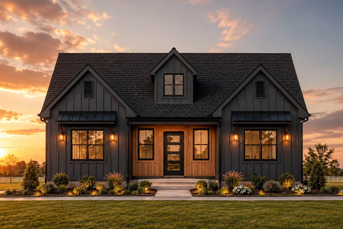 Modern Farmhouse style house plan exterior with dark vertical siding, gabled roof, dormer, and wood accents around the entrance.