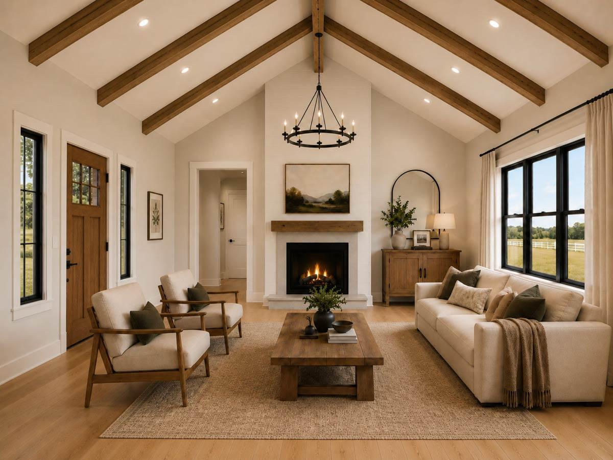 Interior view of living room with vaulted ceiling, exposed beams, fireplace, and large windows.