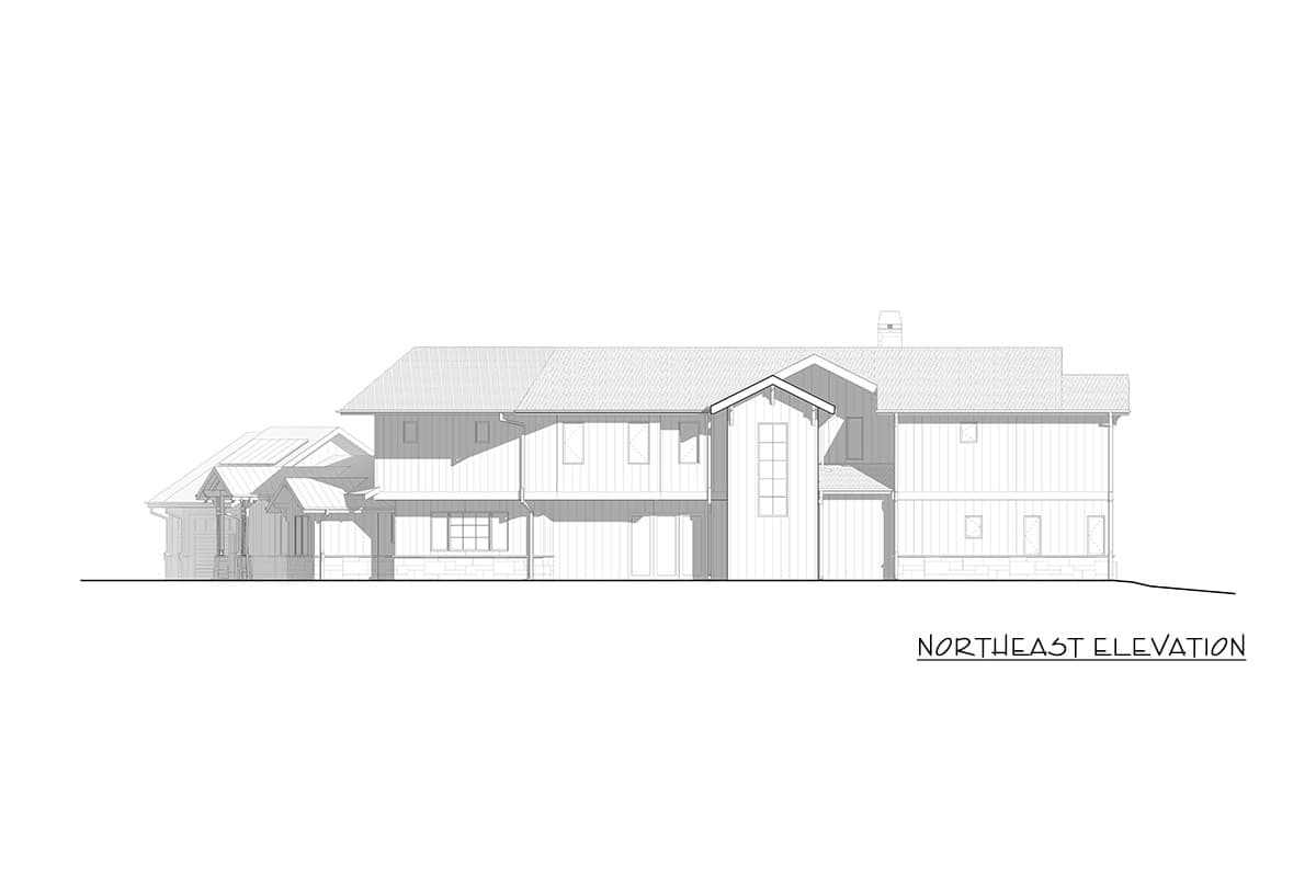 Northeast elevation house plan with multiple gables, dormers, and a covered entryway with stone detailing.