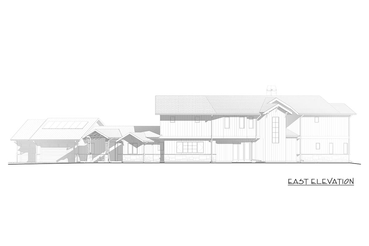 East elevation house plan with multi-story gables, covered porch, stone base, and attached garage.