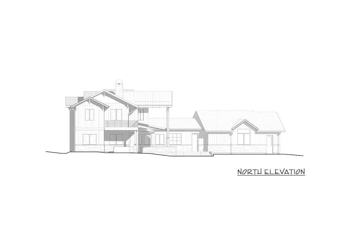 North elevation drawing of a two-story house with gables, metal roof, balcony, and stone foundation.