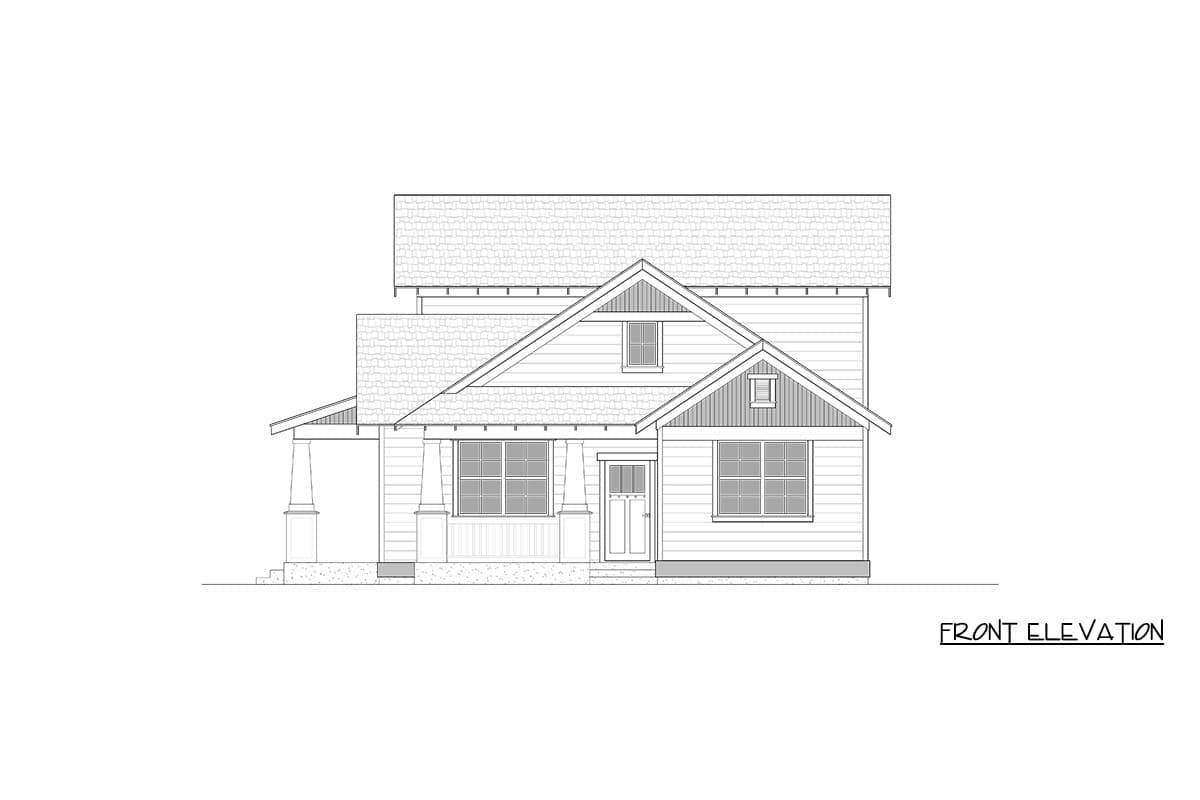 Front elevation drawing of a two-story house plan with a covered front porch, gables, and multiple windows.
