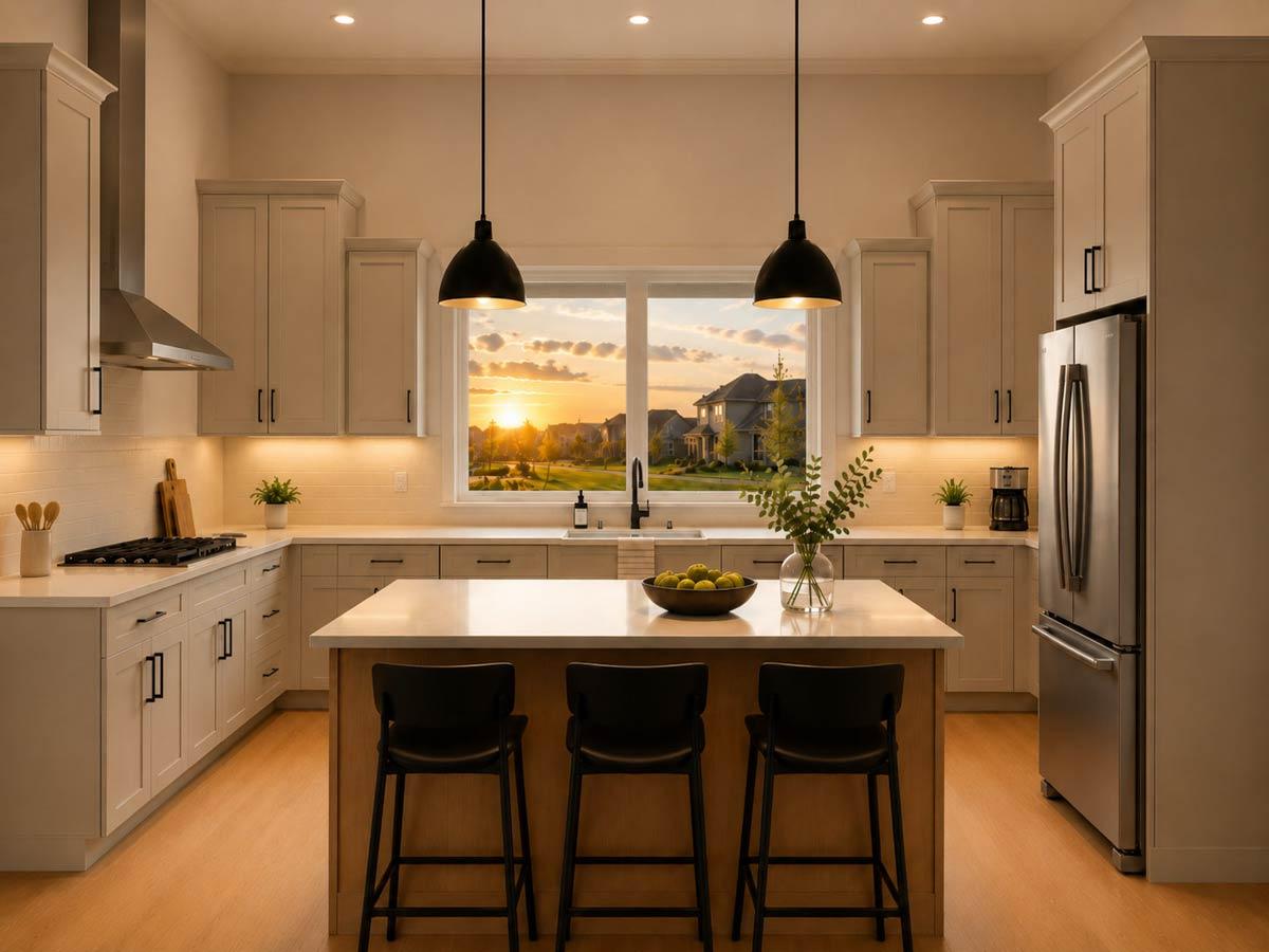 Modern kitchen with light gray cabinets, quartz countertops, island with seating, and stainless steel appliances, overlooking sunset neighborhood.