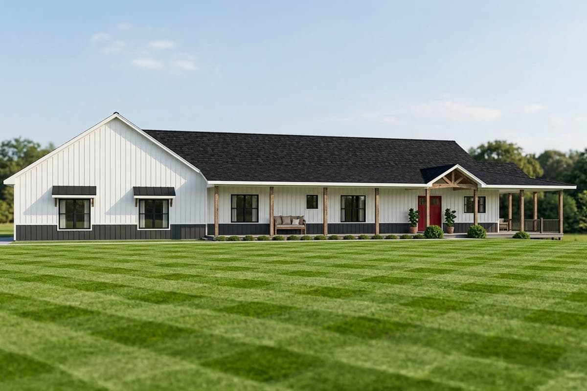 Modern Farmhouse house plan exterior with a long porch, gables, and board-and-batten siding.