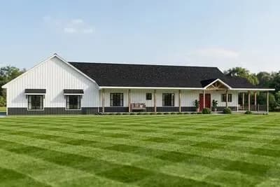 Spacious Barndominium Style House Plan with Three Bedrooms and Wraparound Porch