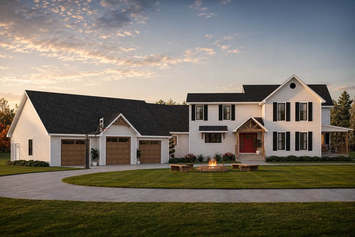 Modern Farmhouse house plan exterior with a side-entry four-car garage, gables, and a covered porch.
