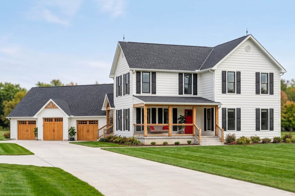 House plan exterior: Two-story white farmhouse with a covered front porch, black shutters, and a three-car garage with gable accents.