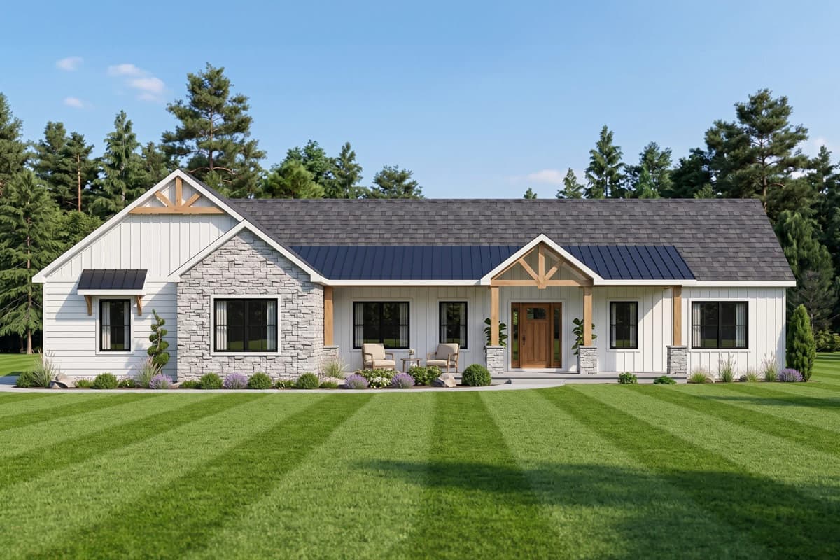 House plan exterior: Modern Farmhouse style, single story, with stone accents, gabled rooflines, and covered entry.