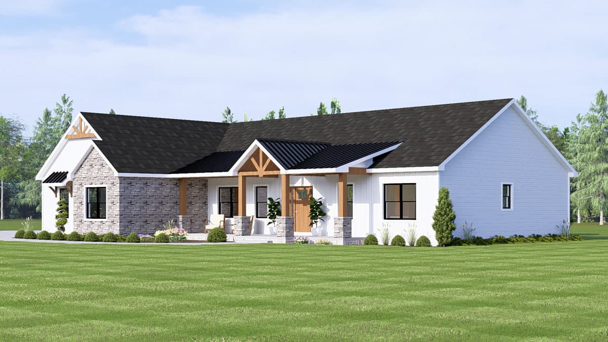 House plan exterior: Ranch style, single-story home with stone and horizontal siding, covered entry, gabled rooflines and attached garage.