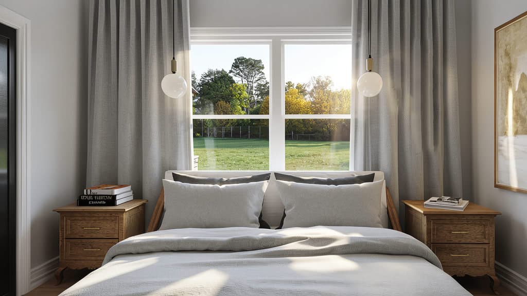 Bedroom rendering with large window, bed, nightstands, and draped curtains overlooking a grassy yard.