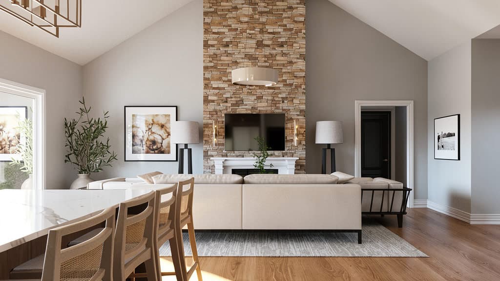 Great room interior rendering with vaulted ceiling, stone fireplace, and sectional sofa.