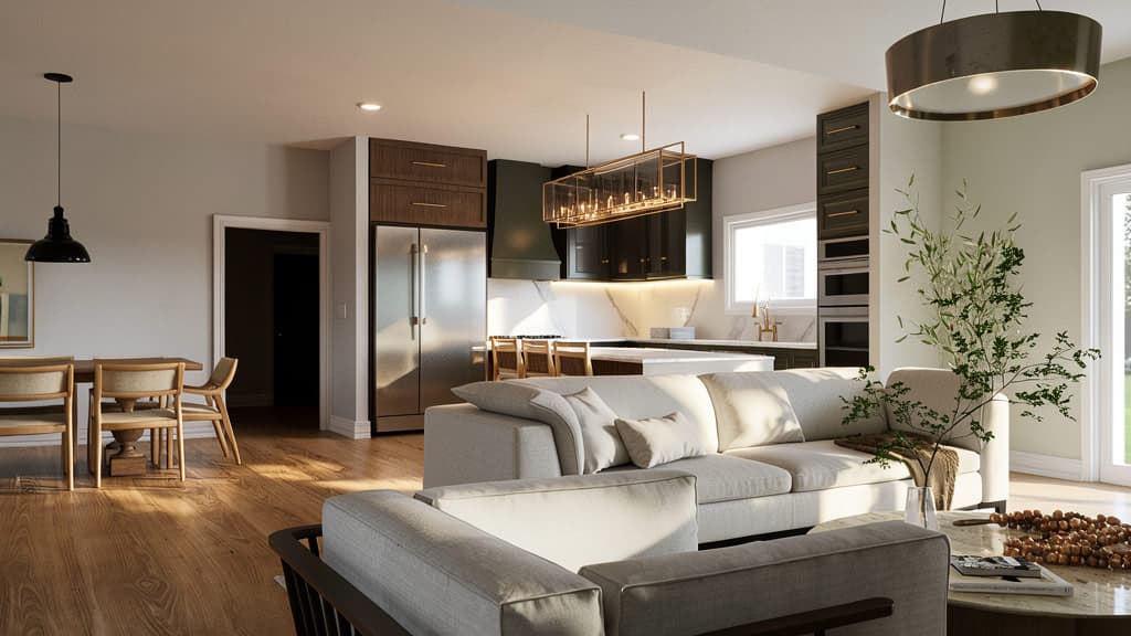 Modern open concept living area with kitchen island, dining set, and sectional sofa.