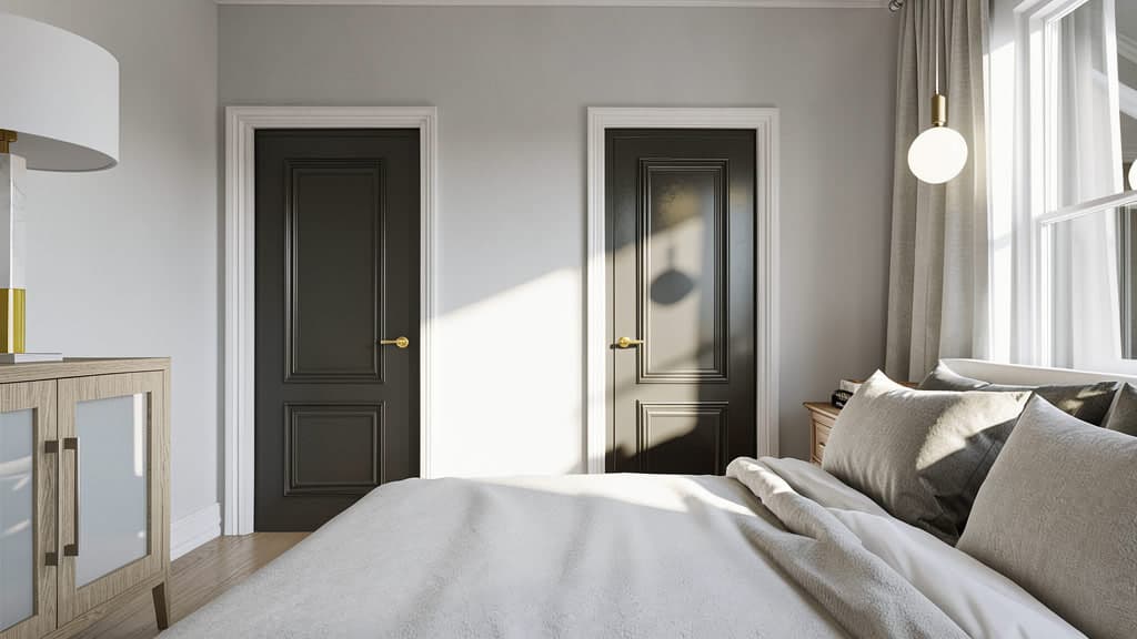 Interior rendering shows two dark paneled doors with brass hardware, a bed, and a window with sheer curtains.