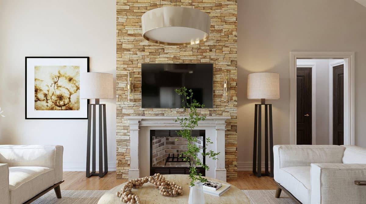 Living room featuring a stone fireplace with mounted TV, flanked by floor lamps. Open doorways lead to other rooms.