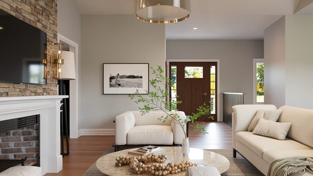 Living room with stone fireplace, modern furniture, and front entry with glass-paned door.