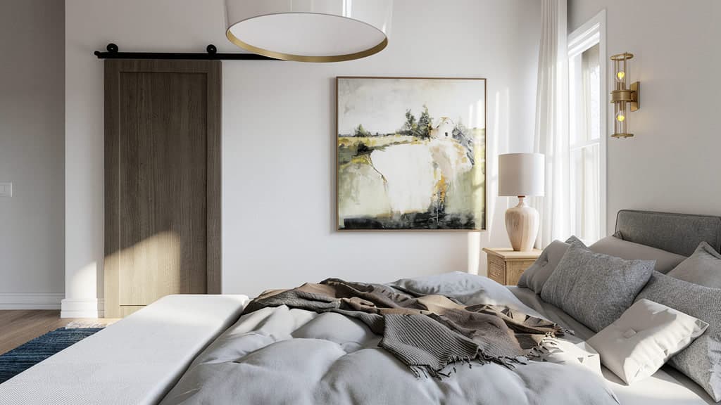 Bedroom with a sliding barn door, abstract landscape art, and a window with brass wall sconce.