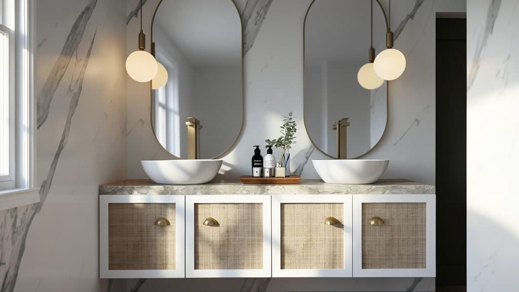 Bathroom vanity with double vessel sinks, marble countertops, gold fixtures, woven cabinet fronts, and pendant lighting.