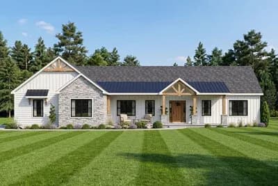 Modern Farmhouse Ranch House Plan with Three Bedrooms and Three-Car Garage